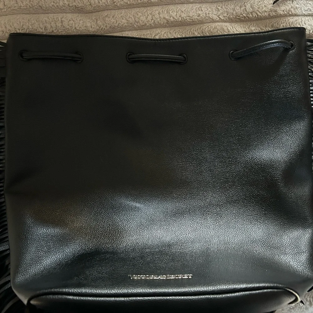 Victorias Secret Black Fringe Bucket Bag Drawstring Crossbody Vegan Leather Boho